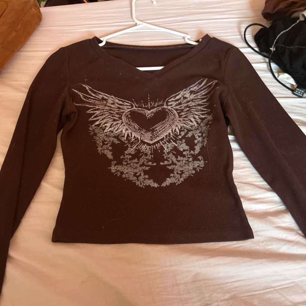 SHEIN Chocolate Long Sleeve Top with Heart and Wings